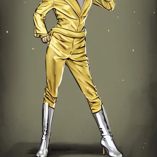 Image similar to character concept art of stoic heroic emotionless handsome blond butch tomboy woman with very short slicked-back hair, no makeup, in princely white and gold masculine satin jumpsuit with gold cape and boots, science fiction, atompunk, illustration