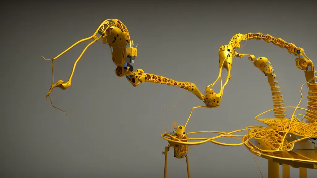 Image similar to a complex bifurcated robotic cnc surgical arm hybrid 3 d printer machine making organic ceramic kintsugi mandlebulb forms in the laboratory room, very thin gold wire, film still from the movie directed by denis villeneuve with art direction by salvador dali, wide lens, f 3 2, cinematic lighting, studio quality, smooth render, unreal engine 5 rendered, octane rendered