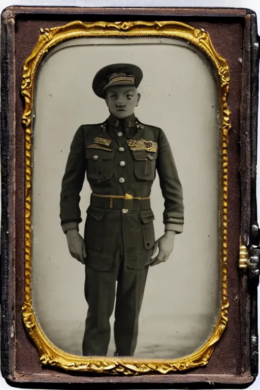 Prompt: 1 9 4 0 s daguerreotype of portrait of an alien in a world war ii marshal's outfit, ornate, illustration, full body, military,