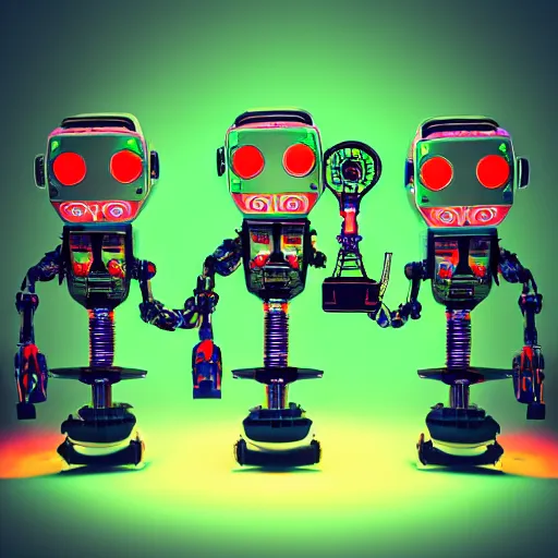 Image similar to album art, the band is called roborock, 3 dieselpunk robot heads with robot arms on a dj desk with a cd mixer, 8 k, fluorescent colors, halluzinogenic, multicolored, exaggerated detailed, front shot, 3 d render, octane