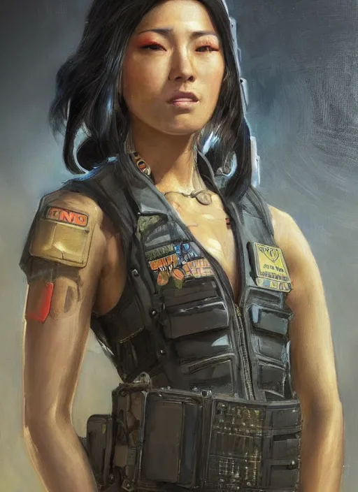 Prompt: Nikki tanaka. beautiful cyberpunk female USN marine wearing a military vest and punk clothing. (Cyberpunk 2077, bladerunner 2049). gorgeous face. Iranian orientalist portrait by john william waterhouse and Edwin Longsden Long and Theodore Ralli and Nasreddine Dinet, oil on canvas. Cinematic, hyper realism, realistic proportions, dramatic lighting, high detail 4k