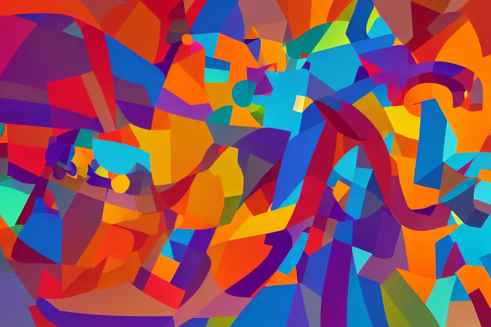 Prompt: a colorful, computer generated, abstract geometric intriguing render, abstract human figures dancing, autumnal colors