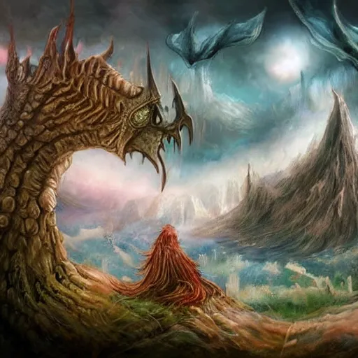 Image similar to a never - ending fantasy art, depicting scenes and creatures from otherworldly realms.