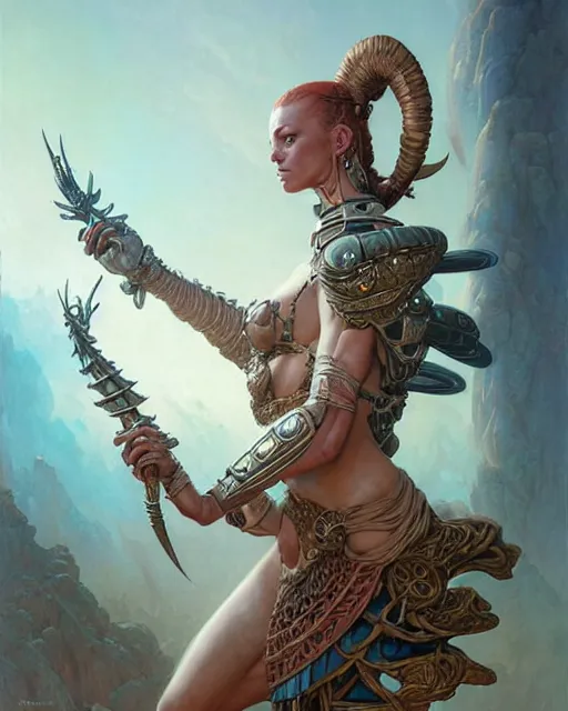 Image similar to beautiful warrior girl, fantasy character portrait, ultra realistic, wide angle, intricate details, the fifth element artifacts, highly detailed by peter mohrbacher, boris vallejo, hajime sorayama, wayne barlowe, aaron horkey, gaston bussiere, craig mullins