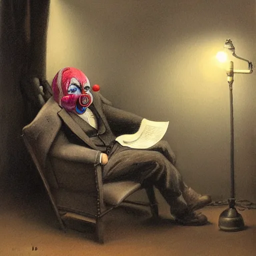 Image similar to a hyperrealistic painting of a depressed clown sitting backstage drinking whiskey and crying, by john kenn mortensen, highly detailed,