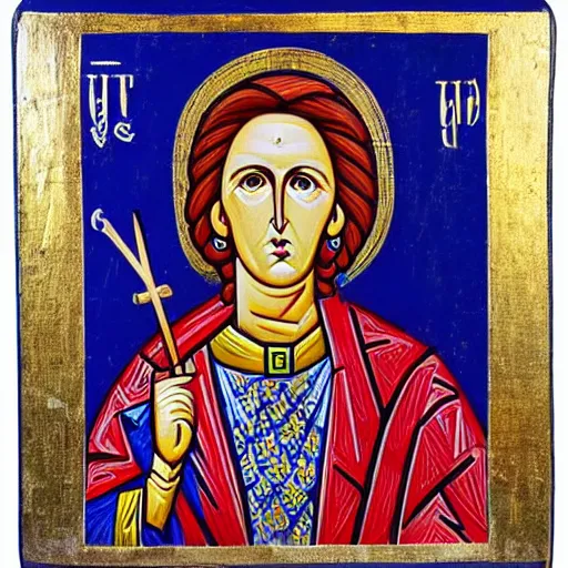 Prompt: A Byzantine icon of Margaret Thatcher, highly detailed, colorful, British museum