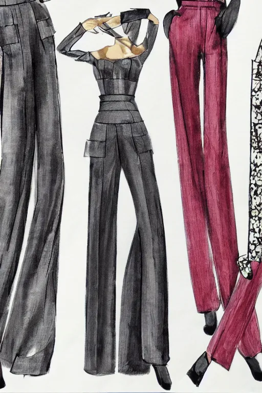 Image similar to a detailed fashion illustration of a midcentury hostess gown pants set