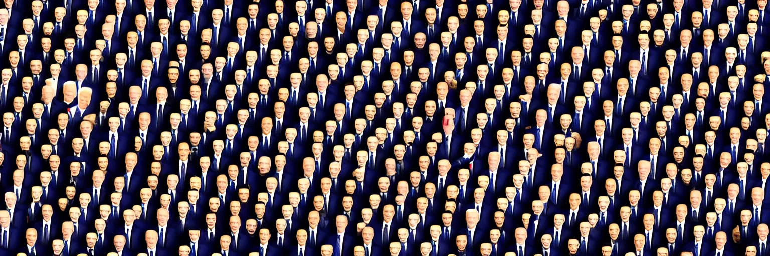 Prompt: photograph of hundreds of clones of joe biden shaking hands and tripping over each other
