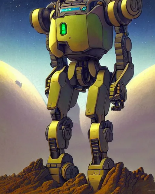 Image similar to bastion the friendly robot from overwatch, character portrait, portrait, close up, concept art, intricate details, highly detailed, vintage sci - fi poster, retro future, in the style of chris foss, rodger dean, moebius, michael whelan, and gustave dore