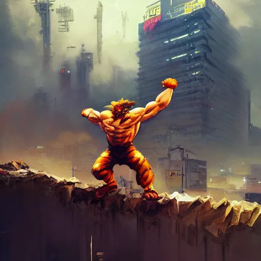 Image similar to shredded physique crisp defined Man Streetfighter Dude wearing Tiger Costume standing atop dumpster greg rutkowski greg danton tony sart raymond swanland chris foss chris cold christophe norman rockwell young acrylic 4k artstation wikiart wikipedia realism tilt-shift