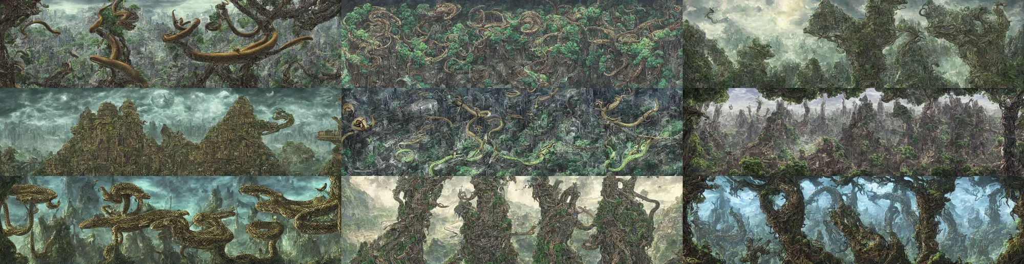 Prompt: civilization of ( sentient snakes ), a city!! made atop tree tops made by ( sentient parrots for sentient snakes ), epic fantasy sci fi illustration