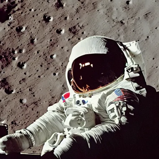 Image similar to A photo of an astronaut on the moon without his helmet eating garlic bread with knife and fork,the bread is on a red table,earth in the background