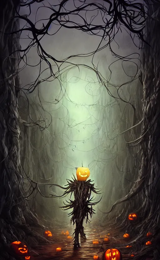 Image similar to fantasy monster concept art, a jack o lantern monster with vines for a body walking down a street of nightmares, dynamic lighting, photorealistic, trending on art station, stunning visuals, creative, cinematic, ultra detailed, atmospherical, ambient lighting, scary art, eery art