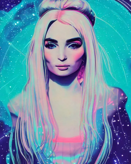 Image similar to a highly detailed and accurate pulp portrait of kim petras in space, 1 9 7 0 s, space station, neon light, delicate embellishments, woman art, painterly, offset printing technique