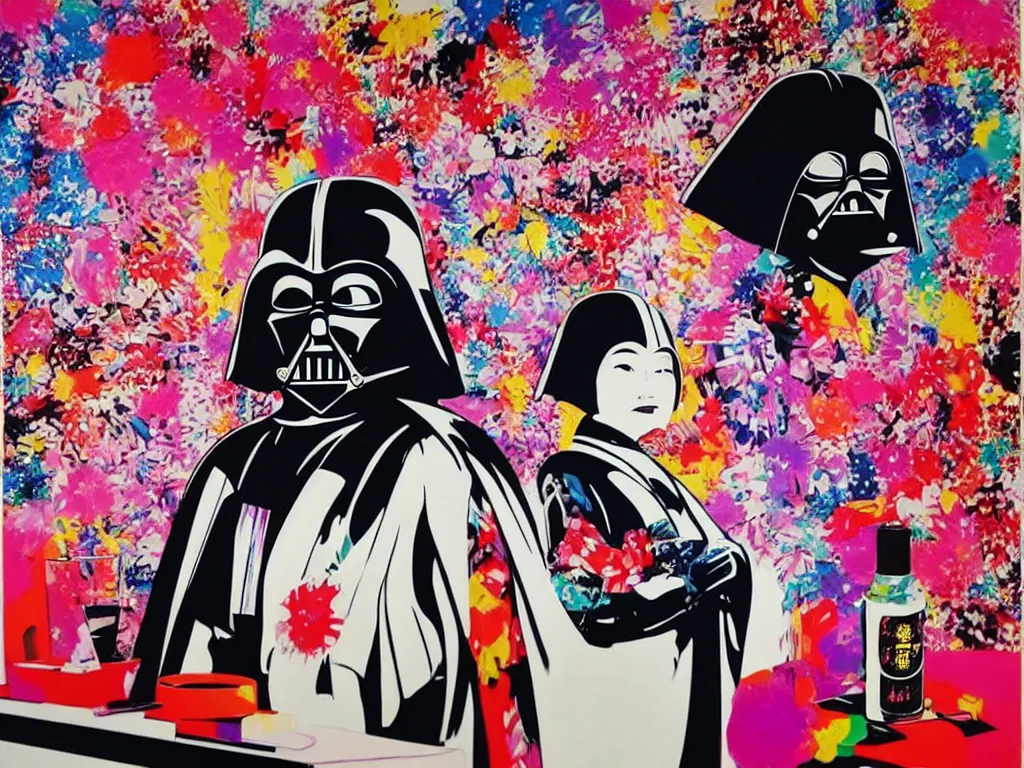 Prompt: hyperrealistic composition, in the middle a woman in a japanese kimono, behind her stands darth vader, in front of her a table from the casino, in the background is mount fuji and fireworks, pop - art style, jacky tsai style, andy warhol style, acrylic on canvas