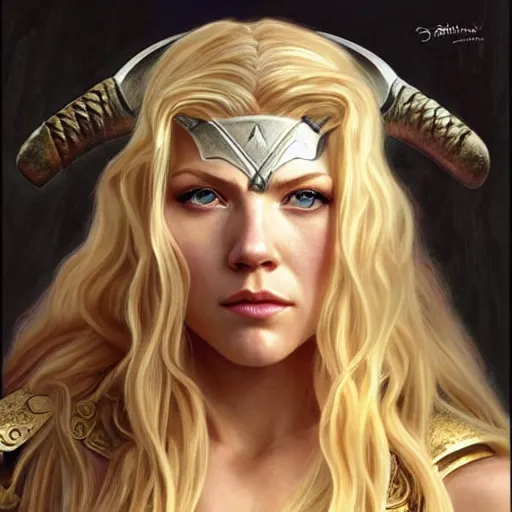 Image similar to beautiful Katheryn Winnick as Lady Thor, drawn by a 6 year old, western, closeup, D&D, fantasy, intricate, elegant, highly detailed, digital painting, artstation, concept art, matte, sharp focus, illustration, art by Artgerm and Greg Rutkowski and Alphonse Mucha