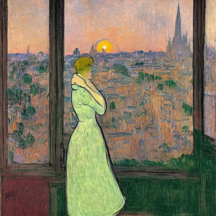 Image similar to woman in green dress with city with cathedral seen from a window frame at sunset. fuzzy white cat. monet, henri de toulouse - lautrec, utamaro, matisse, felix vallotton