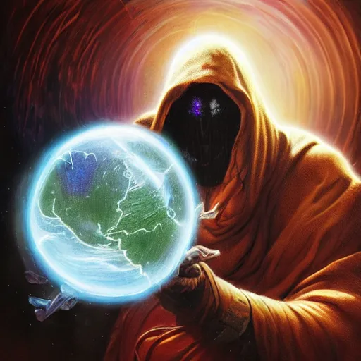 Image similar to masked nomad male wearing a cloak on an alien world and holding a holographic planet projection in his hand, detailed, sci - fi, digital painting, artstation, sharp focus, illustration, ominous, artgerm, tomasz alen kopera, peter mohrbacher, donato giancola, joseph christian leyendecker, wlop, frank frazetta