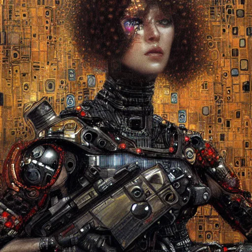 Image similar to cybernetic female supersoldier armed with laser rifle, intricate detail, klimt, royo, whealan,