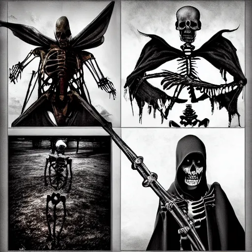 Image similar to ! dream a triptych with a skeleton, grim reaper, and devil, horror, scary, dark, high detail, cinematic lighting, medieval,