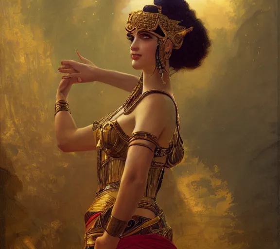 Image similar to photography of sensual cleopatra with hands - up, deep focus, intricate, elegant, highly detailed, digital painting, artstation, concept art, matte, sharp focus, illustration, art by artgerm and greg rutkowski and alphonse mucha and gil elvgren