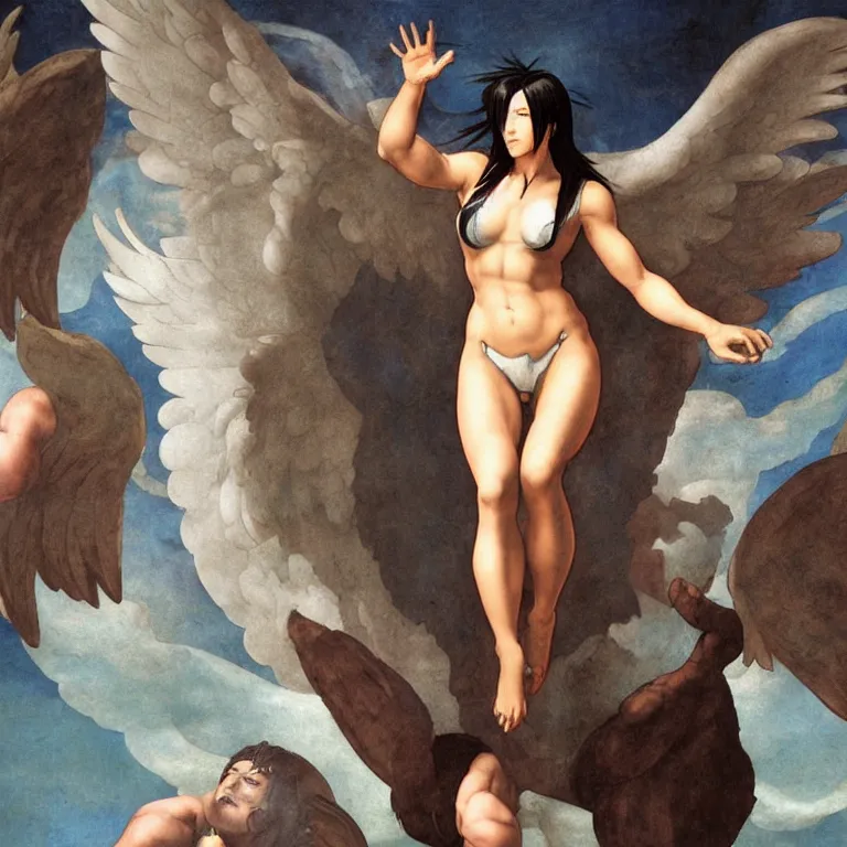 Prompt: Tifa Lockheart as an angel descending from heaven painted by Michelangelo