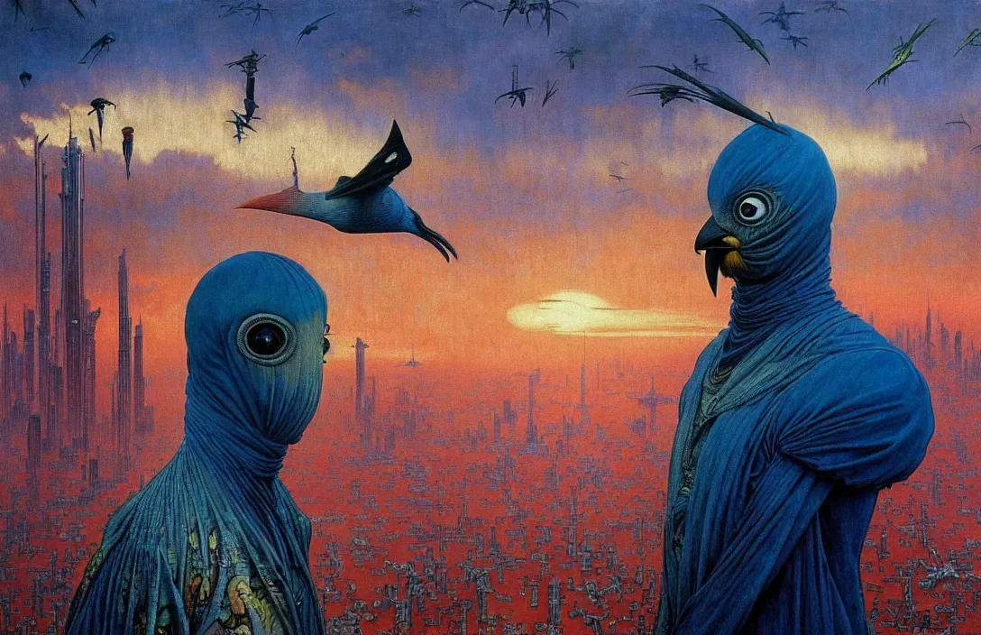 Image similar to realistic detailed portrait movie shot of a birdman wearing dark ragged robes, futuristic city sunset landscape background by denis villeneuve, amano, yves tanguy, alphonse mucha, ernst haeckel, max ernst, wayne barlowe, masterpiece, rich moody colours, bird head, blue eyes, hyperdetailed