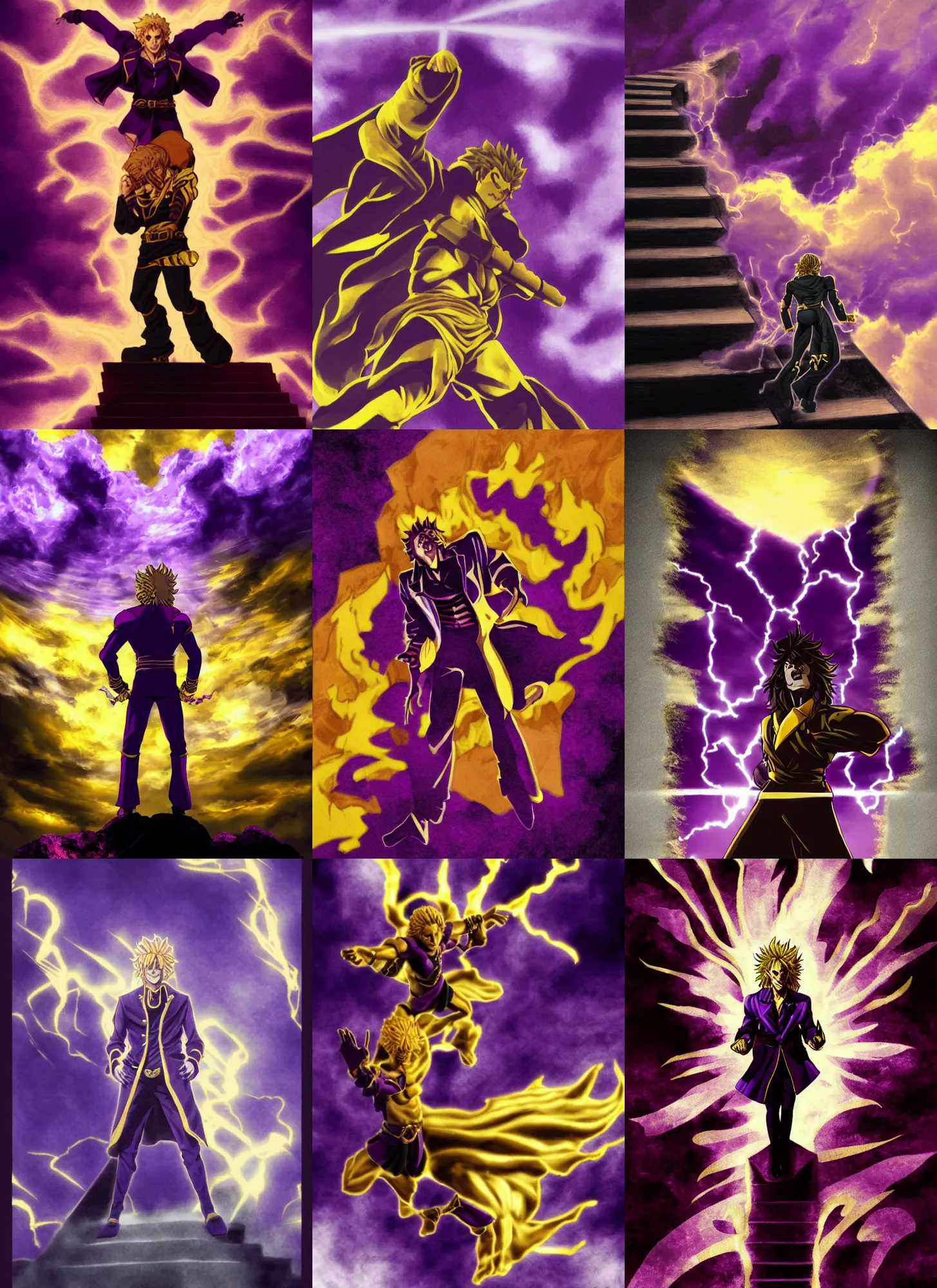 Prompt: DIO fron Jojo standing menacingly atop a flight of stairs, dramatic rim lighting, highly detailed, sharp, smoke, vignette effect, purple and gold color scheme