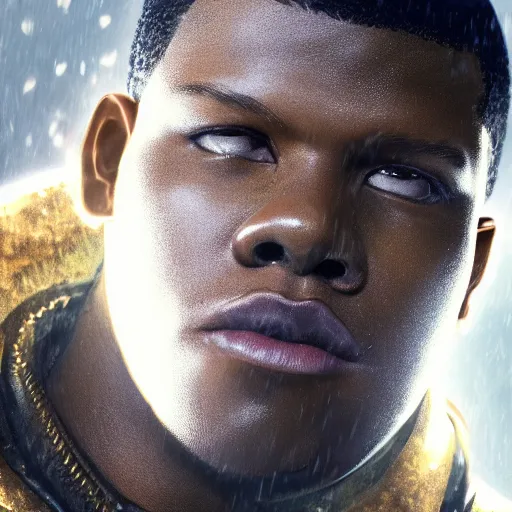 Image similar to a fancy close up of John Boyega As Blade by Greg Rutkowski, Sung Choi, Mitchell Mohrhauser, Maciej Kuciara, Johnson Ting, Maxim Verehin, Peter Konig, 8k photorealistic, cinematic lighting, HD, high details, dramatic, trending on artstation, full body shot