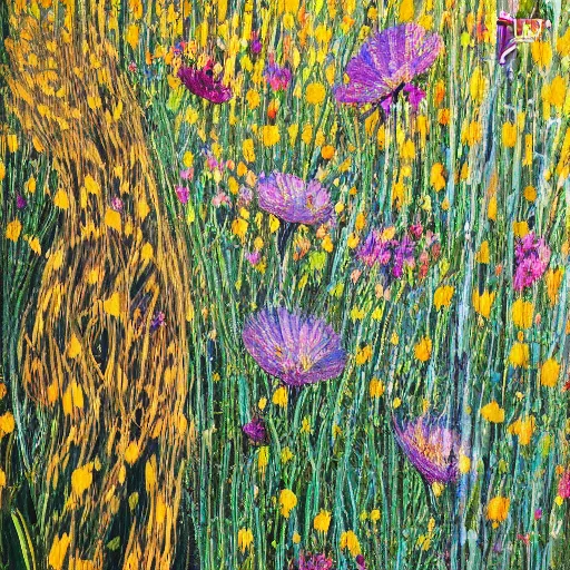 Image similar to weaved wildflowers seem to cover nearly every inch of the canvas. they look golden in the sunshine and seem to stretch down towards a slumbering cat. a large black crow is perched upon the cats back