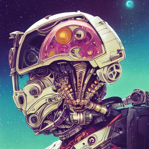 Image similar to high quality high detail biomechanical portrait of diesel punk in an alien world, gundam head, mekka, tristan eaton, victo ngai, artgerm, rhads, ross draws, hyperrealism, intricate detailed, alphonse mucha, 8 k, sci - fi, pastel colors, artstation,