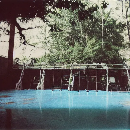 Prompt: a photo of an abandoned water park from the 1 9 9 0 s, disposable film