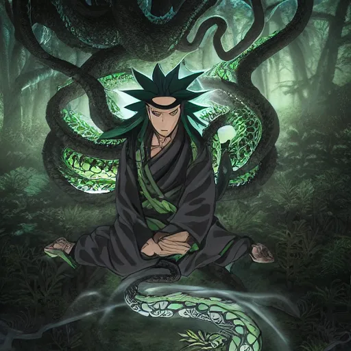 Image similar to kabuto the dragon sage meditates in a dark forest. surrounded by serpents of all sized, orochimaru madaraultra hyper detailed realistic matte painting artstation narutoverse stylized beautiful lighting moody gloomy