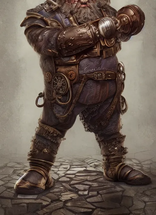 Image similar to steampunk dwarf donald trump is a muscular bodybuilder, au naturel, hyper detailed, digital art, trending in artstation, cinematic lighting, studio quality, smooth render, unreal engine 5 rendered, octane rendered, art style by klimt and nixeu and ian sprigger and wlop and krenz cushart.