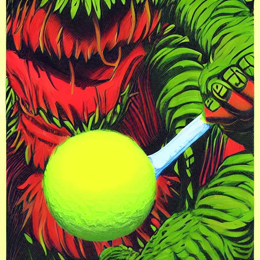 Image similar to a tennis ball monster ,tennis ball, tennis racket, jungle monster, jungle vines, colorful, digital art, fantasy, magic, trending on artstation, ultra detailed, professional illustration by Basil Gogos