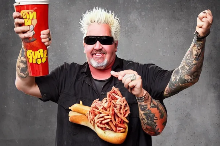 Prompt: beautifully composed photograph of Guy Fieri holding a huge weiner