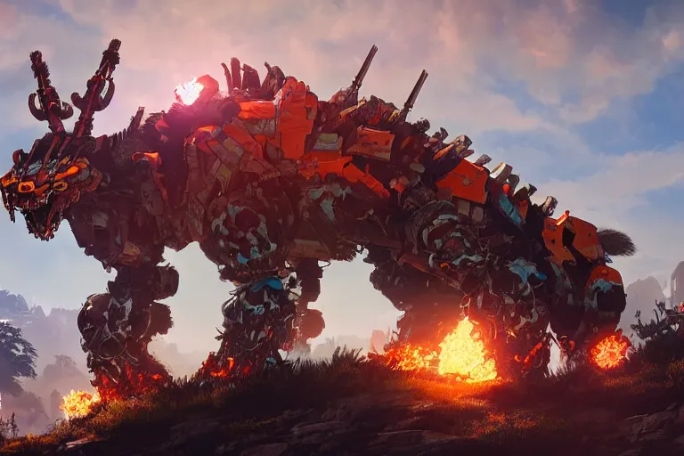 Image similar to fireclaw machine mecha animal beast robot of horizon forbidden west horizon zero dawn bioluminiscence global illumination ray tracing hdr fanart arstation by sung choi and eric pfeiffer and gabriel garza and casper konefal