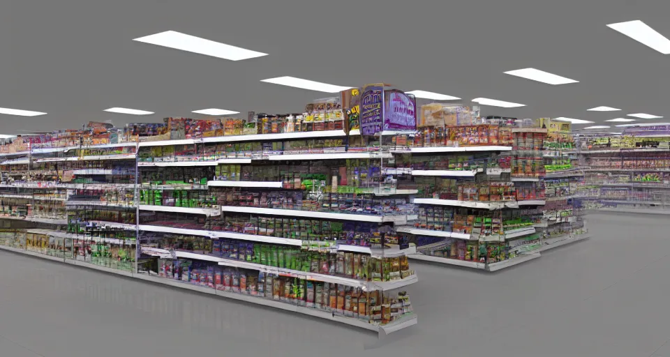 Image similar to vast futuristic supermarket with endless shelves, vray render, hyperrealistic