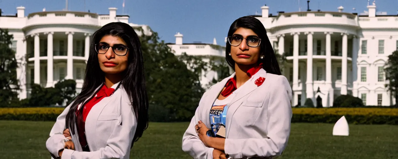 Prompt: mia khalifa in front of the white house, national geographic, canon 5 0 mm, cinematic lighting, photography, retro, film, kodachrome