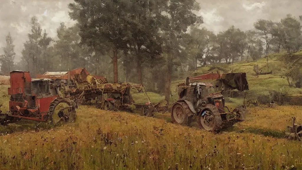 Prompt: 1920's farming village in the countryside bordering a forest with bipedal mech combine harvesters assisting the farmers below, painted by Jakub Rozalski