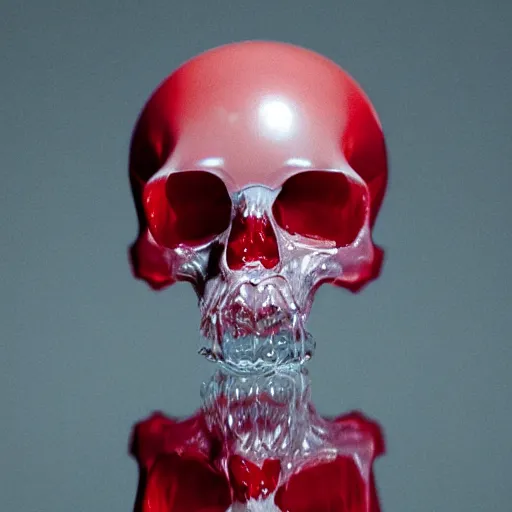 Image similar to transparent red liquid dripping inside in a transparent skull, alexander mcqueen