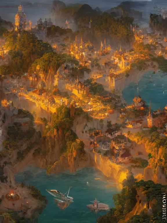 Image similar to an oil painting of an aerial view of a seaside Dungeons & Dragons fantasy town on a beautiful dawn by carl spitzweg and tuomas korpi. full-length view. baroque element. intricate artwork by caravaggio. Trending on artstation. halo. octane render, cinematic, hyper realism, 8k