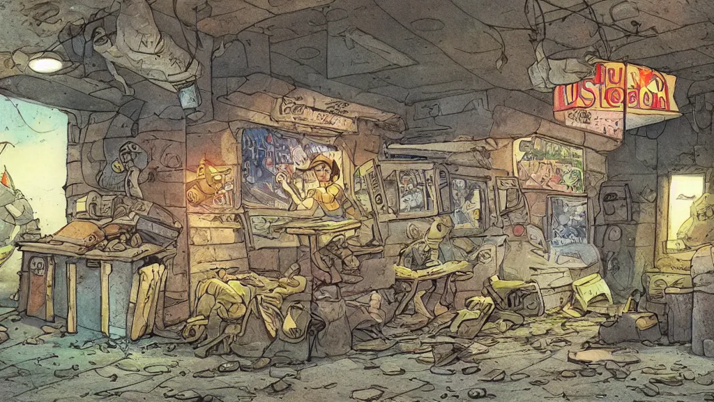 Prompt: storybook illustration signed dugout abandoned fastfood restaurant, postapocalypse, cinematic