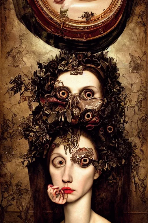 Image similar to Detailed maximalist portrait with large lips and with large wide eyes, surprised expression, extra flesh and eyes, HD mixed media, 3D collage, highly detailed and intricate, surreal illustration in the style of Caravaggio, dark art, baroque