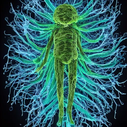 Image similar to pseudomonas aeruginosa, the bacterial god of death and pestilence. flagellated blue green cyan transparent bacterial monster covered in needle cannon type - iii secretion systems injecting toxins into human cells and multi - drug efflux pumps. fantastic detail. close up microscopy. false color. perfect composition.