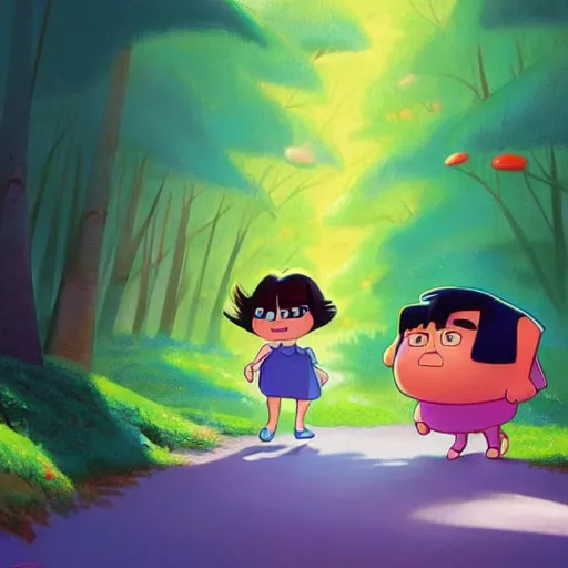 Image similar to goro fujita ilustration mafalda dora the explorer with blue clothes, walking through the forest, painting by goro fujita, sharp focus, highly detailed, artstation