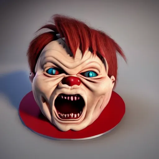 Image similar to birthday cake shaped like screaming chucky doll, octane render, centered