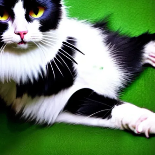 Image similar to tuxedo cat, white cheeks, white paws, yellow eyes, playful, young, catch fly, h 6 4 0