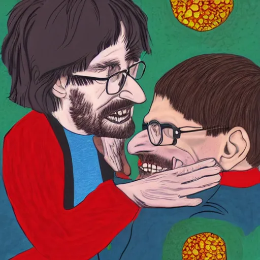 Prompt: a high quality portrait of Steven hawking and macbeth kissing
