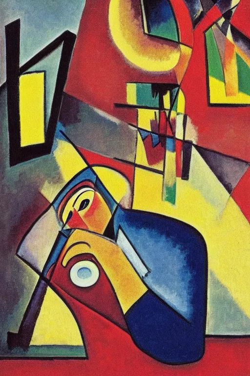 Image similar to It's morning. Sunlight is pouring through the window bathing the face of a man enjoying a hot cup of coffee. A new day has dawned bringing with it new hopes and aspirations. Painting by Kandinsky, 1939